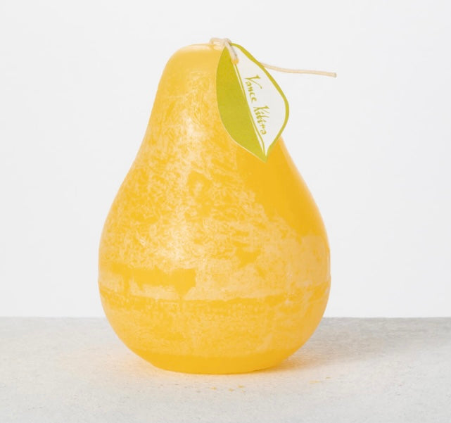 Timber Pear Candle PYL product image features one pear shaped candle. Vance Kitira Collection.  Color : pale yellow.  Material: wax.  Burns clean, smokeless and environmentally-friendly.  Long burn time. Measures 3"L X 4.5"H.