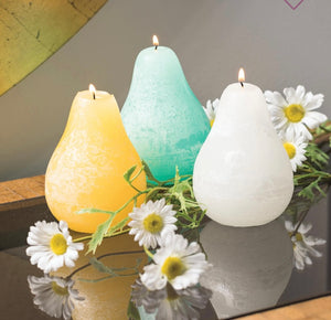 Timber Pear Candle PYL product image features three pear shaped candles on a tray. Vance Kitira Collection. Colors : pale yellow, turquoise and melon white.  Material: wax. Burns clean, smokeless and environmentally-friendly. Long burn time. Measures 3"L X 5"H.  