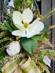 Fall Magnolia Swag product image features a close up image of the flower, gourd, grapevine ball and ribbons.
