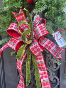 Plaid Christmas Wreath product  features up close image of large bow.