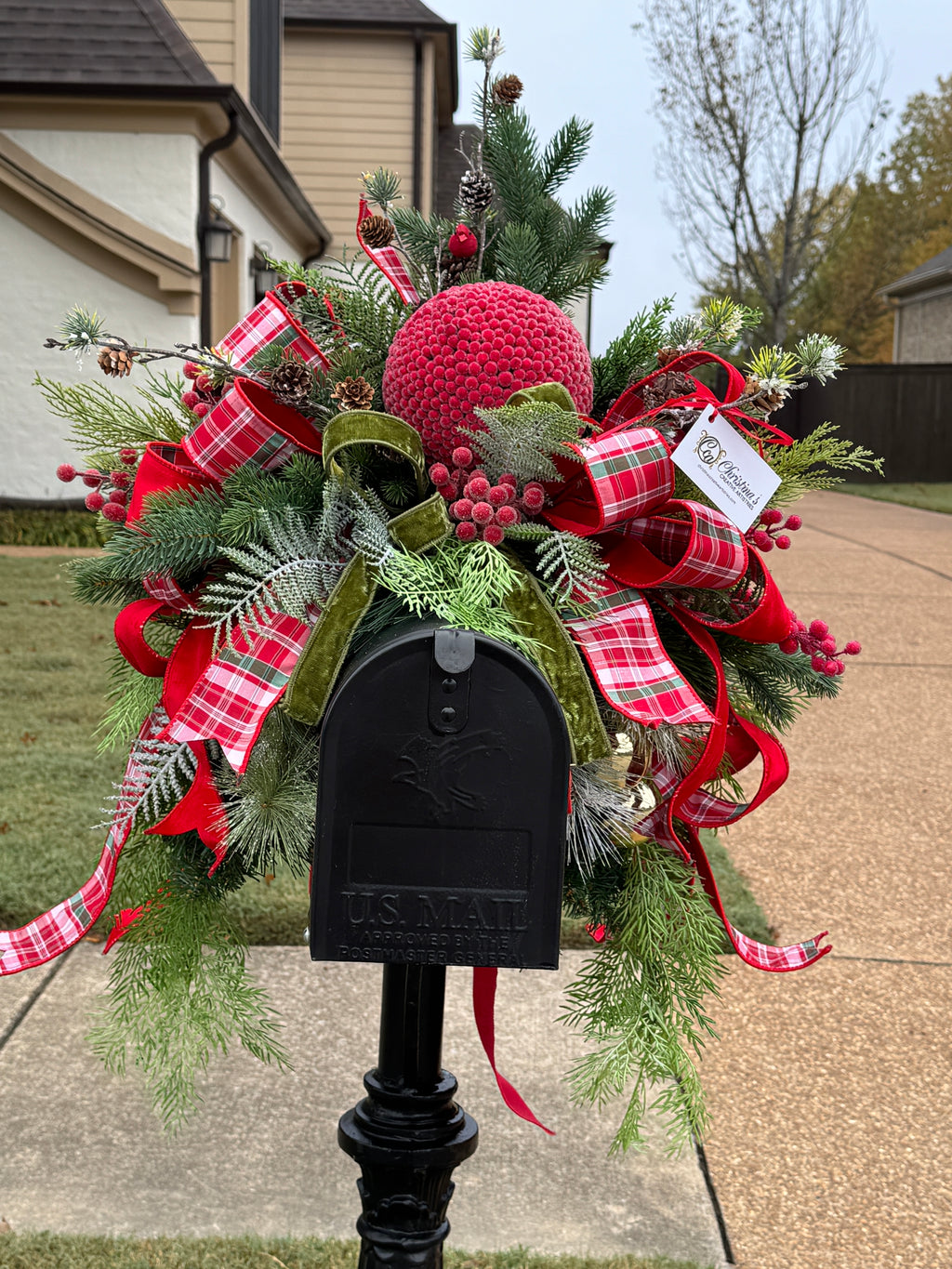 Red, white, and green berry ball mailbox swag
