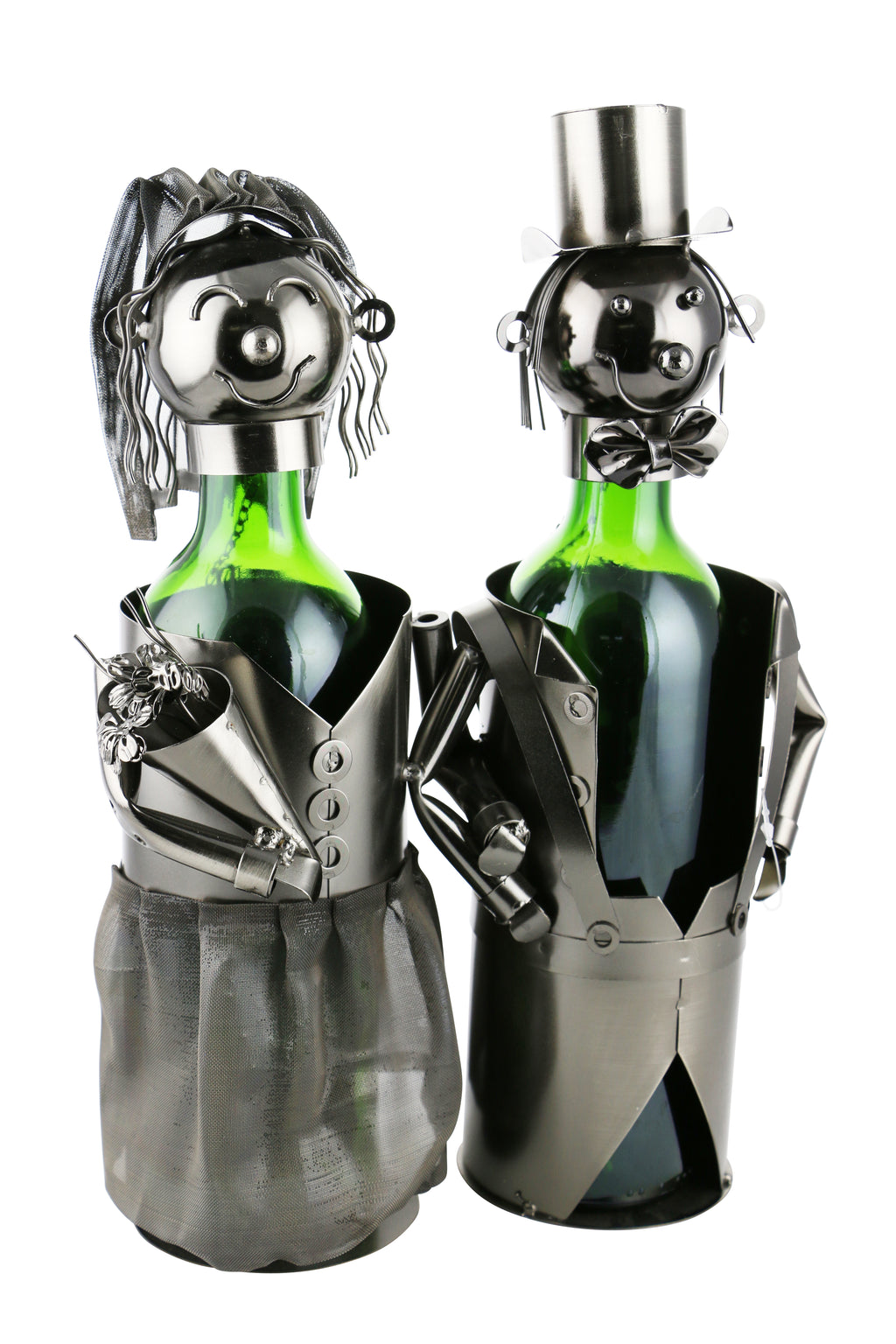 Bride & Groom Wine Bottle Buddies.  Features a bride in a metal mesh gown holding a bouquet and a man dressed in tux and top hat.  Bride and groom each hold a standard size, 750 ml wine bottle.  