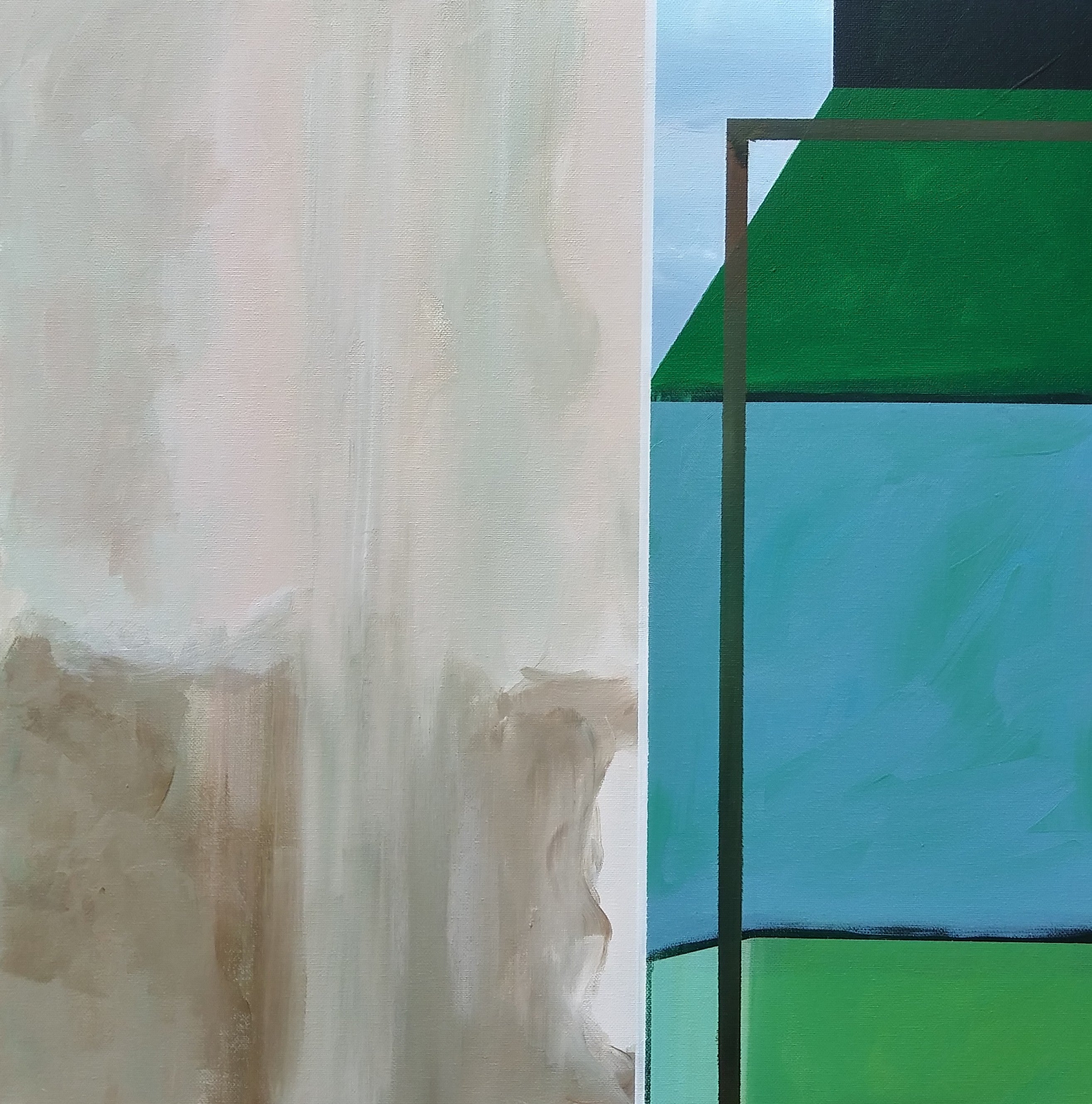 Inside Flut Acrylic Painting product image features a painting by acclaimed, Memphis artist, Carl Scott.  This painting is an abstract, 22” x 28”.  acrylic painting on wrapped Canvas.    Colors are shades of blue, green, cream, sand and black.   Ships flat. Comes ready to hang.