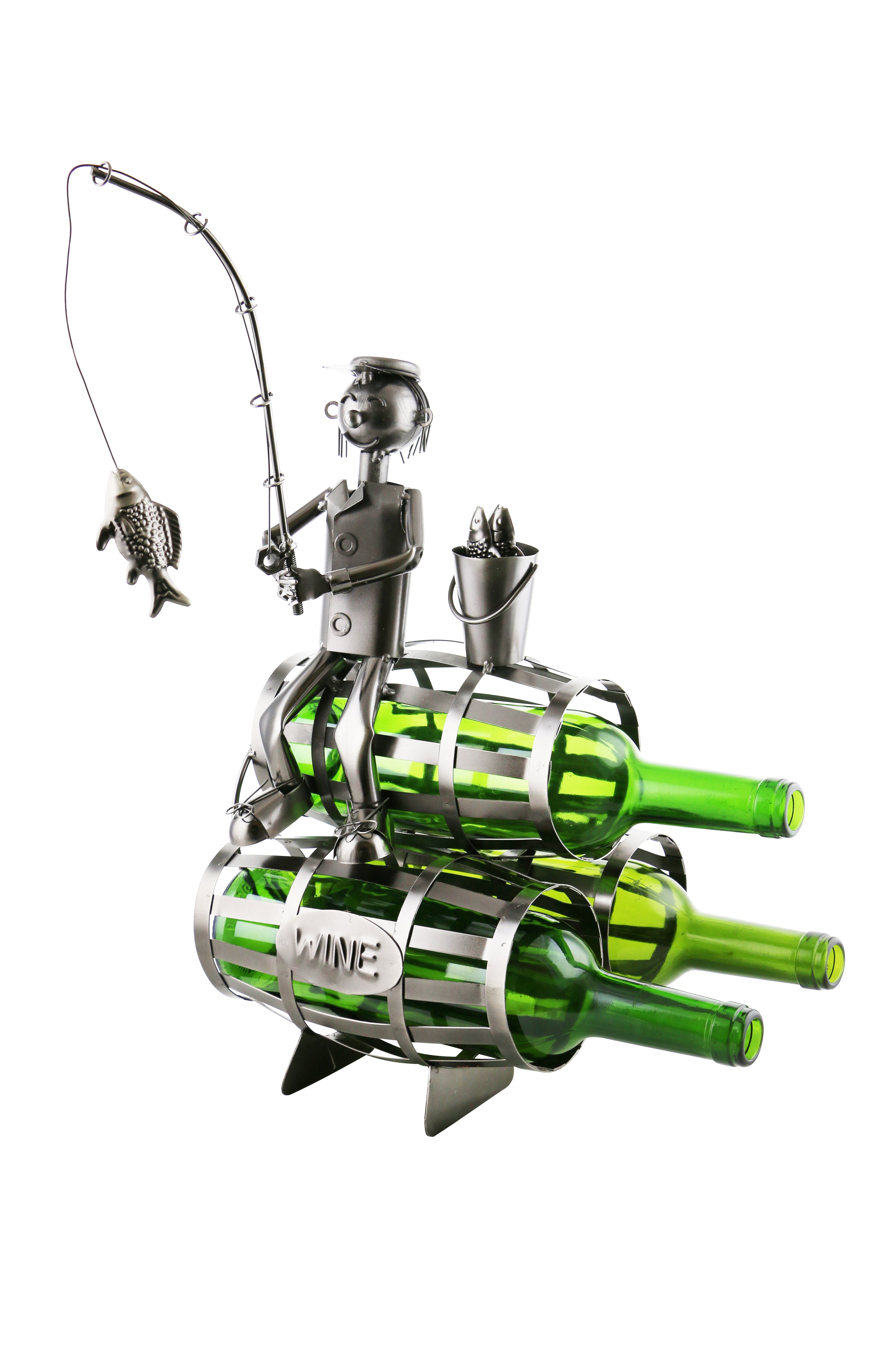 Fisherman On Three Barrels wine bottle buddy product image features a fisherman holding a fishing pole with a fish hooked on its line sitting on top of three barrels.  Product type: wine bottle holder.  Material: recycled metal.   Color: silver.  Wine bottle capacity: Holds three 750ml bottles of choice.   Bottles not included.