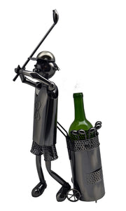 Golfer With Bag Wine Bottle Buddy product image features a golfer swinging a golf club standing next to his wheeled golf bag.  Product type:  wine bottle holder.  Material: recycled metal.  Color :   bronze.   Bottle not included.