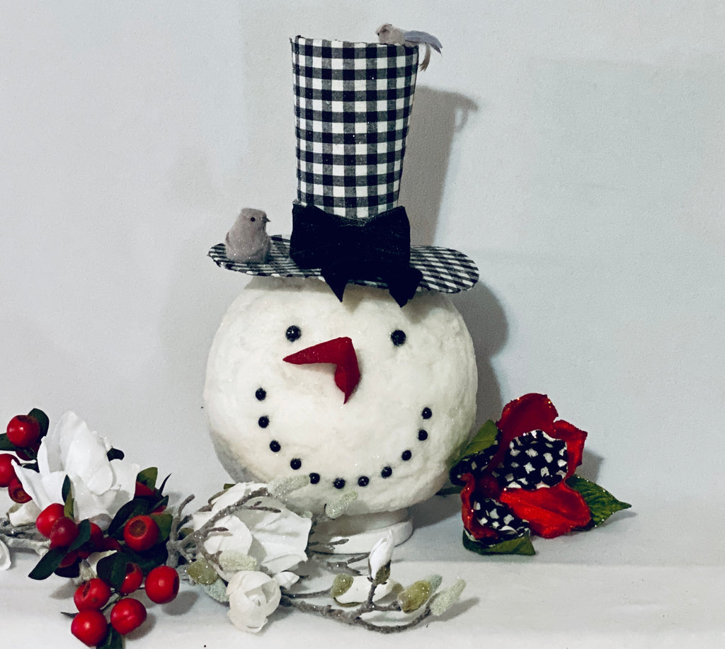 Large Snowman Tree Topper product image features 15.75-inch white and black plaid, tall top hat snowman head, two gray birds and one black bowtie attached to the top hat.  