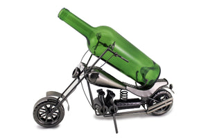 Harley Wine Bottle Buddy product image features a motorcycle bottle holder with wheels and kick stand .  Made with recycled metal.  Color is nickel.  Holds a standard, 750ml bottle.  Comes fully gift wrapped for Father's Day.  Bottle not included.  