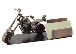  Motorcycle Business Card Holder product image features a bronze  metal motorcycle and  business card holder sitting on a metal plate.  This product is made of recycled metal.   Card holder  can hold up to 100 business cards.  Great gift for a motorcycle enthusiast. 