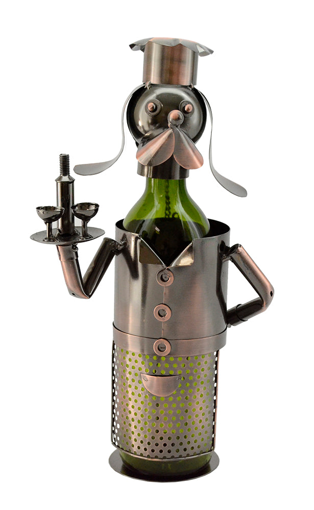 Dog Waiter Wine bottle Holder product image features a metal dog waiter wearing a top hat, standing upright, holding a tray with glasses.  Made of recycled metal.  Color is bronze.  Makes a great Father's Day Gift.  Bottle not included.  Comes fully gift wrapped for Father's Day.