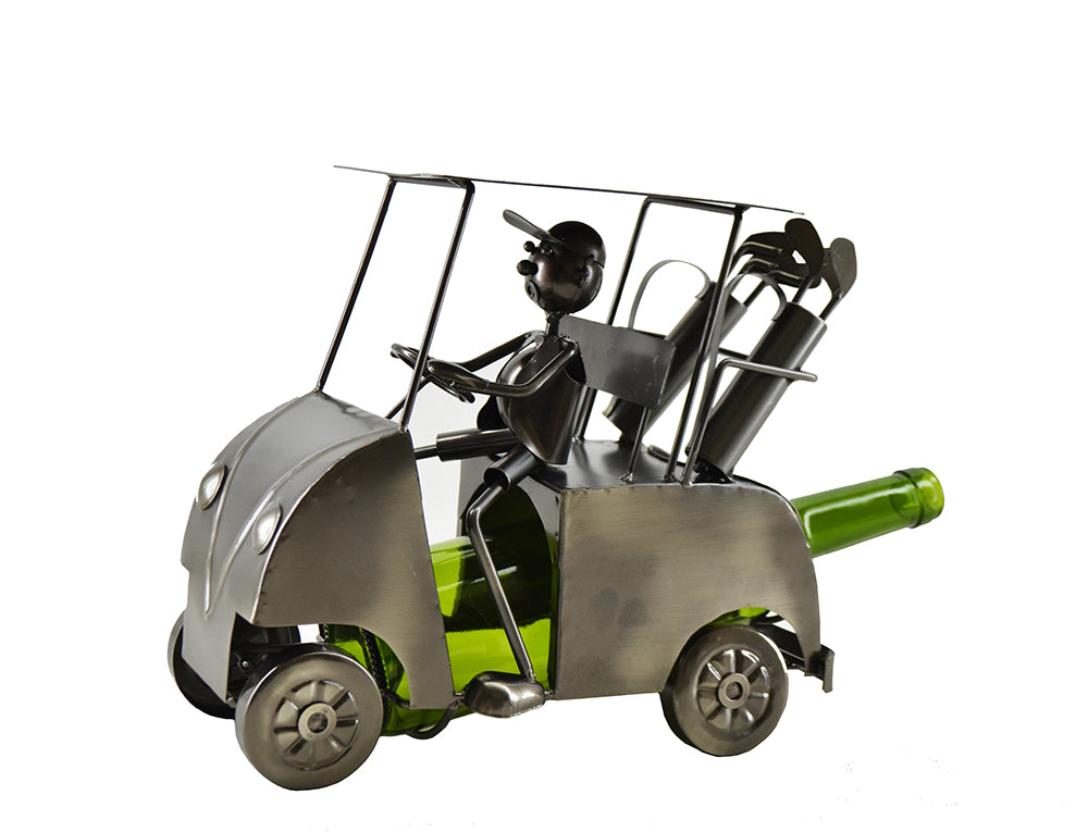 Golf Cart Wine Buddy product image features a golfer driving a metal golf cart, carrying two golf bags with room underneath the cart to hold a standard 750ml bottle of wine.  Made of recycled metal.  Color is bushed nickel.  Makes a great Father's Day Gift.   Unique accessory for a bar and man cave. Measures 10"W x 9.75"H.  Bottle not included.
