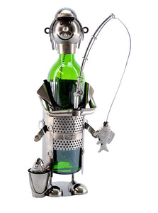 Fisherman With Pale Wine Buddy product image features a fisherman standing next to a pale and holing a line with a fish hooked on.  Product type: wine bottle holder.  Material: recycled metal.  Color: pewter.  Capacity: 1 bottle.  Bottle not included.  