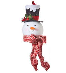 Snowman Tree Topper product image features a large snowman head wearing a red and white tweed scarf and a black, red and white top hat with red birds.  Made of styrofoam.  Christmas decoration.  Glittered.  Textured.  Measures 16" H x 8" W.   Great for tree top, table centerpiece, mantle or part of an ensemble.  Not intended for outdoors.  Not a toy for children. 
