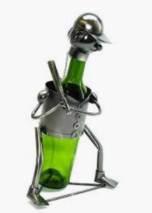 This Baseball Player Wine Buddy product image features a baseball player, standing in batting position, wearing a cap with bat in hand.  Material is recycled metal.  Color is steel. Wine bottle not included.  This wine bottle holder makes a great Father's Day gift.  Bottle not included.  Comes beautifully gift wrapped for Father's Day.