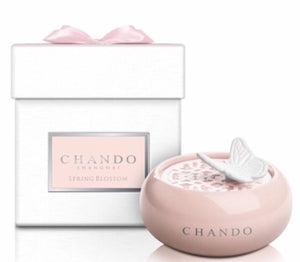 Chando Youth Spring Blossom Mini Diffuser product image features a mini rose diffuser.  Ceramic bowl with porcelain butterfly diffuser.  10ml bottle Spring blossom oil fragrance.   Elegant packaging.