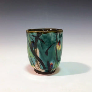  Wheel-Thrown Ceramic Cups product image, features a 3 5/8 by 3 inch ceramic, wheel-thrown and hand-glazed cup. Colors are black green and yellow.  Potter, Michael Ashley, has work on display at The Caron Gallery in Tupelo Ms.  Great pottery wedding gifts.  Wheel-thrown ceramic cup set hostess gift. Unique pottery housewarming gifts. 