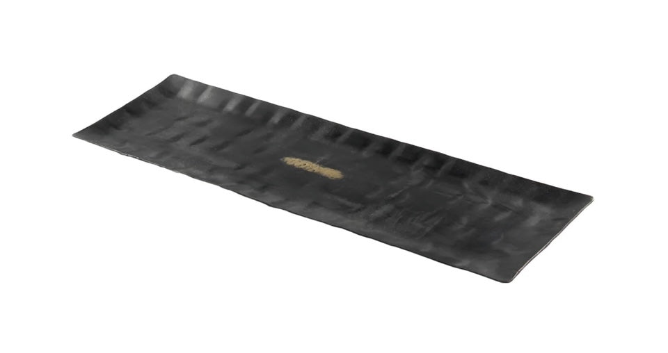 Hammered Metal Tray product image features a black tray with a hammered finish.  Measures  14" L X 4.5" W.   Perfect for displaying 3 of our Timber Pear candles.