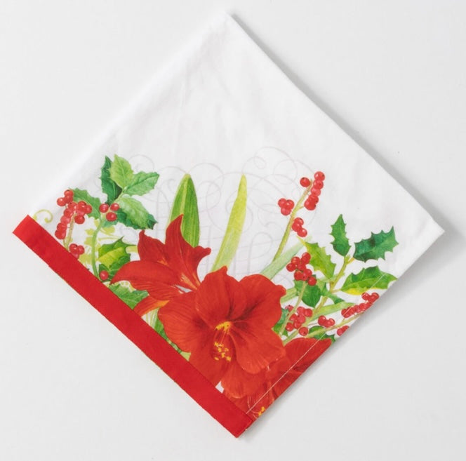 Poinsettia Table Napkins-Set Of Four product image features  Four dinner napkins.  White cotton Cloth napkins with red poinsettia, green holly leaves and red berries design in one corner.  Napkins are 20"L X 20"W.  