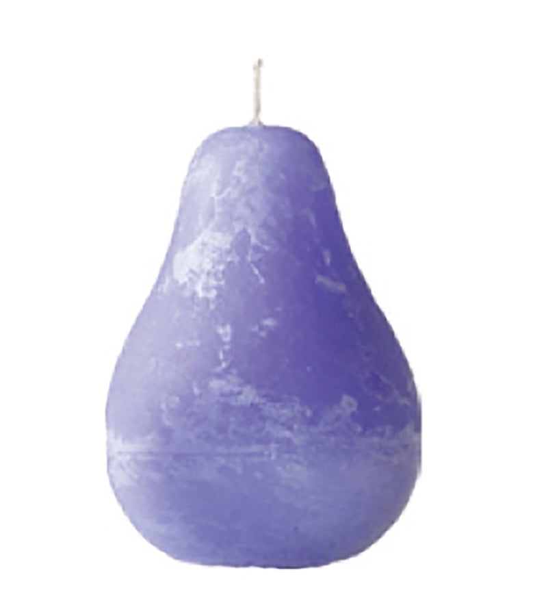 Timber Pear Candle Wisteria product image features one pear shaped candle. Vance Kitira Collection.   Color: wisteria.  Material: wax. Burns clean , smokeless , unscented, environmentally-friendly.  40 hours long burn time. Measures 3"L X 4.5"H.