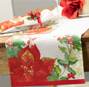 Poinsettia Table Runner product image features table runner on table with a place setting.  Runner measures 70.5"L X 14.25"W.