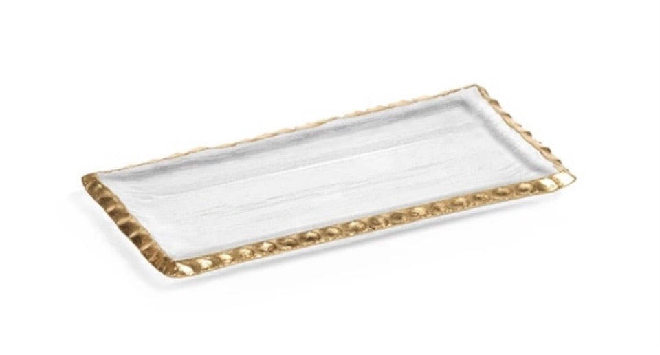 Zodax Gold Rimmed Rectangular Tray product image features a  clear glass tray.  Jagged gold rim.  Rectangular in shape.  Measures 9"L X 4" W X .5" H.  Food safe.  Candle tray.  Hand wash only. 
