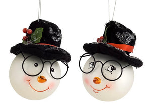 Snowman Head With Hat Glass Ornament product image features Him and her snowman head with hat glass ornaments together. Christmas ornaments.  Winter decor. Ready to ship