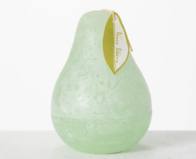 Timber Pear Candle Aqua product image features one pear shaped candle. Vance Kitira Collection. Color : aqua.  Material: wax.  Burns clean, unscented, smokeless and environmentally-friendly. 40 hour long burn time. Measures 3"L X 4.5"H.