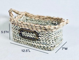 Straw Basket Set product image features the smallest of 3 baskets in the set. Material: natural straw. Color: Dusty blue and natural.   Size: 12.5"L X 7"W X 5.5"H