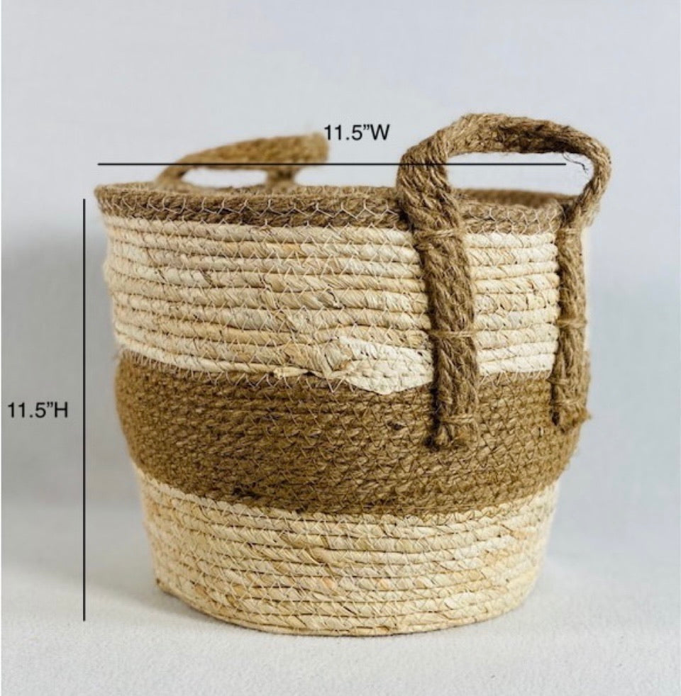 Decorative Baskets product image features the medium size basket in the set.   Made of woven maize peel and jute. This basket has double handles. Color is natural and brown.  Beautiful, neutral colors for most color schemes.  Size is 11.5"L X 11.5" W .