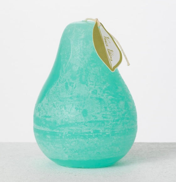 Timber Pear Candle-Turquoise product image features one pear shaped candle. Vance Kitira Collection. Color is turquoise. Materials: wax and braided cotton wick.   Burns clean , smokeless and environmentally-friendly.    Long burn time.  Measures 3"L X 4.5"H.