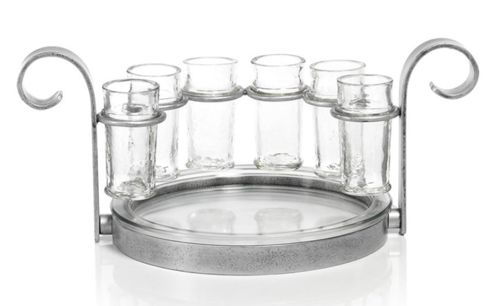 Tequila Shot Set-Silver product image features a decorative iron stand holding six tall shot glasses and a glass plate. Stand is aged silver. Perfect for bar and man cave. Measures 14.25"L X 9"W X 6.5"H. Comes gift wrapped for Father's Day