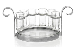 Tequila Shot Set-Silver product image features a decorative iron stand holding six tall shot glasses and a glass plate. Stand is aged silver. Perfect for bar and man cave. Measures 14.25"L X 9"W X 6.5"H. Comes gift wrapped for Father's Day