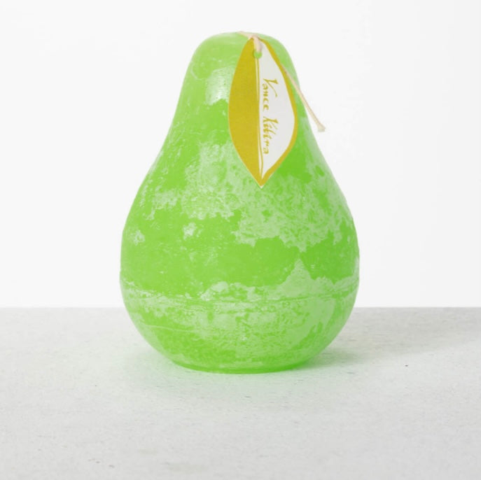 Timber Pear Candle Lollipop Green product image features one pear shaped candle. Vance Kitira Collection.  Lollipop green color.  Burns clean.   Smokeless.  Environmentally-friendly.   40 hours  burn time. Measures 3"L X 4.5"H.