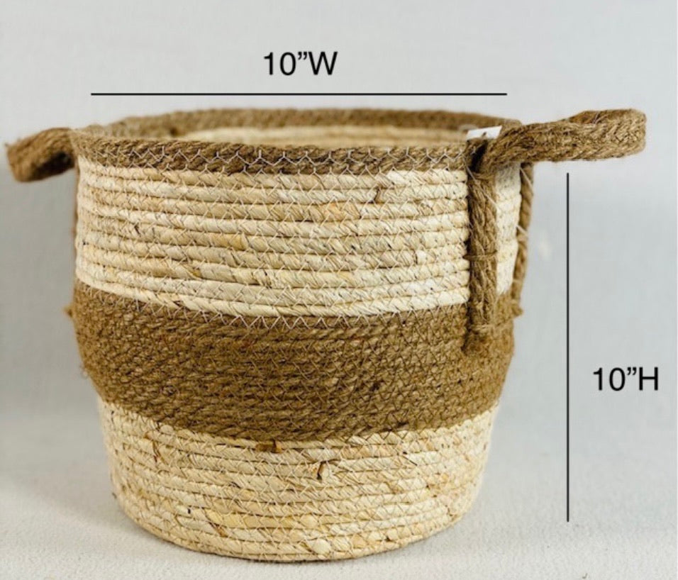 Decorative Baskets product image features the smallest size basket in the set. Made of woven maize peel and jute. This basket has double handles. Color is natural and brown. Beautiful, neutral colors for most color schemes.   Size is 10W" X 10"H