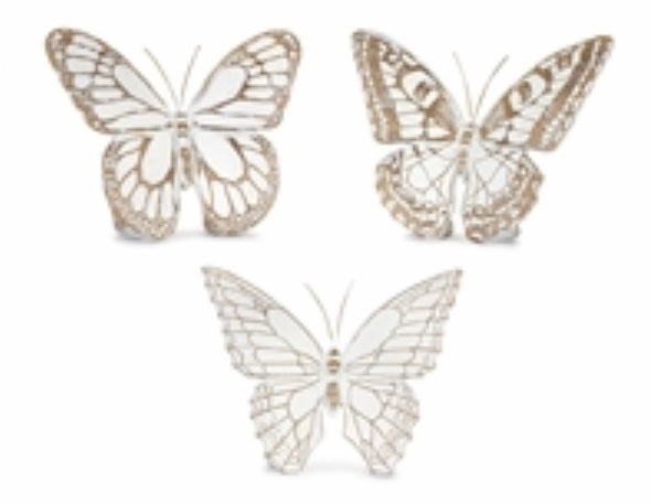 Tabletop Butterfly Set product image features three resin butterflies.  For indoor use or in a covered outdoor area.   White and aged gold color.  Made of resin.  Measure 6.75"L X 5.5"H,  7"L X 5.5"H and  7.25"L X 5.75"H.  Decorative use only.  Indoor use .  Outdoor use in covered area only.