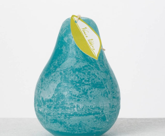 Timber Pear Candle Sea Glass product image features one pear shaped candle. Vance Kitira Collection. Color is sea glass. This candle burns clean , smokeless , environmentally-friendly. 40 hours long burn time. Measures 3"L X 4.5"H.