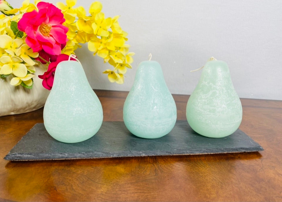 Timber Pear Candle Seafoam product image features  a set of three pear shaped candle.   Color : Seafoam