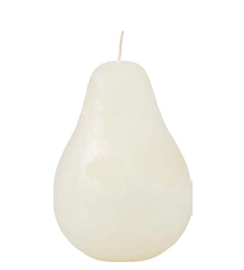 Timber Pear Candle Melon White product image features one pear shaped candle. Vance Kitira Collection.  Melon white color. This candle  burns clean , smokeless , environmentally-friendly and boast long burn time. Measures 3"L X 4.5"H.  Hammered metal trays and gold rimmed  glass trays available for purchase in store.