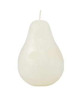 Timber Pear Candle Melon White product image features one pear shaped candle. Vance Kitira Collection.  Melon white color. This candle  burns clean , smokeless , environmentally-friendly and boast long burn time. Measures 3"L X 4.5"H.  Hammered metal trays and gold rimmed  glass trays available for purchase in store.