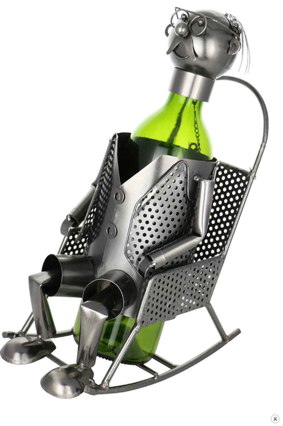 Man In Rocking Chair Bottle Holder product image features a man in a rocking chair wine bottle holder.  Made of recycle metal.  Color is pewter.  Measures 12" X 8".  Bottle not included.Measu