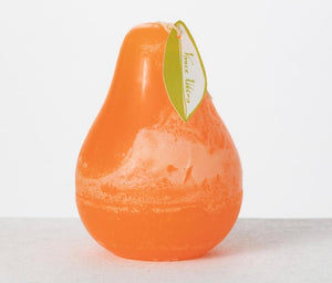 Timber Pear Candle Tangerine product image features one pear shaped candle. Vance Kitira Collection.  Color: tangerine.  Unscented.  Burns clean , smokeless , environmentally-friendly. 40 hours long burn time. Measures 3" X 4. 5"H.