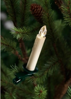 Clip-On Taper Candles & Remote product image features a set of 12, 4"H taper candles with universal remote.  Candles clip-on.  Color is are ivory.  Material is plastic.  On/Off function.  Each candle takes  (1) AAA  alkaline battery.  Remote control takes (2) AAA batteries.  Display on your Christmas tree, garland, centerpieces, wreath, banister and more.