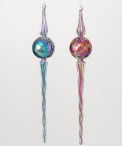 Multicolor Glass Finial Ornaments product image features a pair of Christmas ornaments with a multicolor ombré pearlescent hue.  Blown glass. 14-inches long. Sold as a pair.   Breakable.  Handle with care.