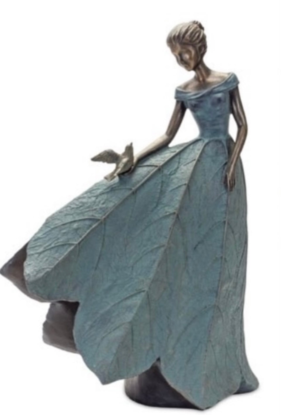 Garden Lady Figurine product image features a lady figurine in a long flowy dress.  Holding a bird on her dress.  Made of resin.  Bronze and patina color.  19.25"H.  Available to ship immediately.  